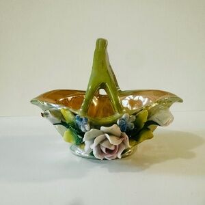 Vintage German Luster Sage Basket with Applied Flowers.